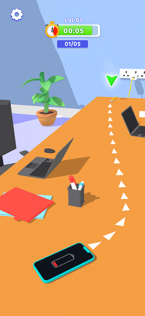 A mobile mini game level where a smartphone follows a white arrow path to reach a wall charger on a desk