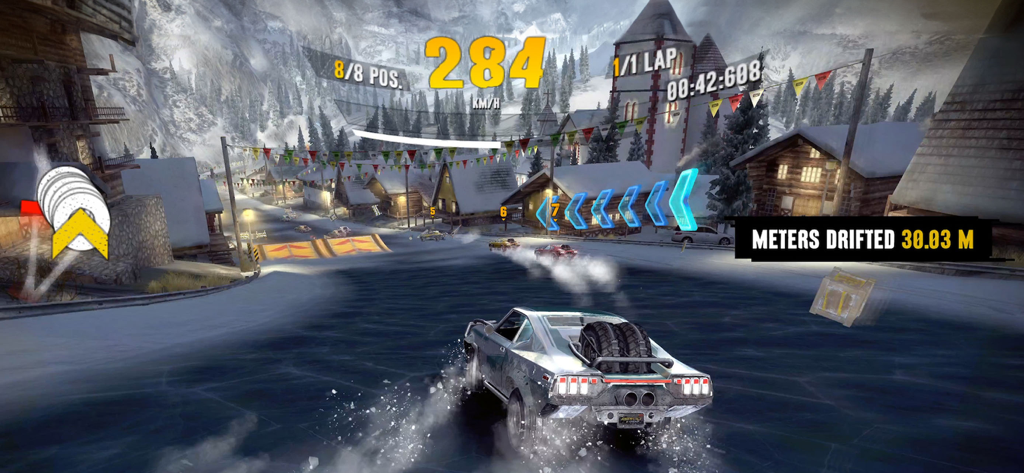 Asphalt Xtreme - A silver muscle car drifting on a snowy mountain track in Asphalt Xtreme