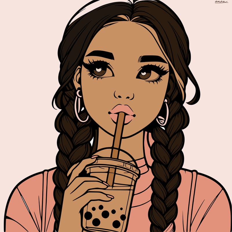 realistic girl with braided hair drinking boba