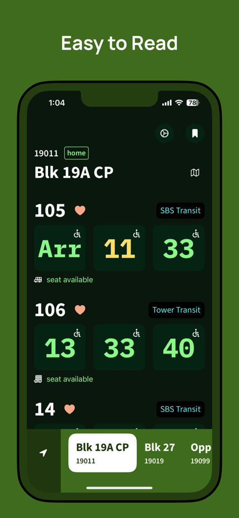 Interfaz de la aplicación Singapore Bus que muestra tiempos de llegada de autobuses en tiempo real y disponibilidad de asientos en una parada de autobús