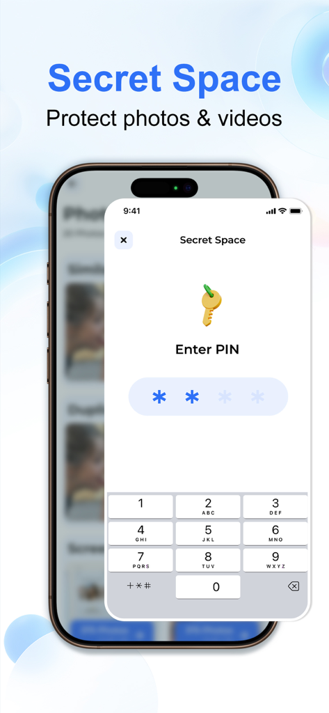 AI Cleaner：Phone Cleaner - An iPhone displaying the Secret Space PIN entry screen for protecting photos and videos within the AI Cleaner app.
