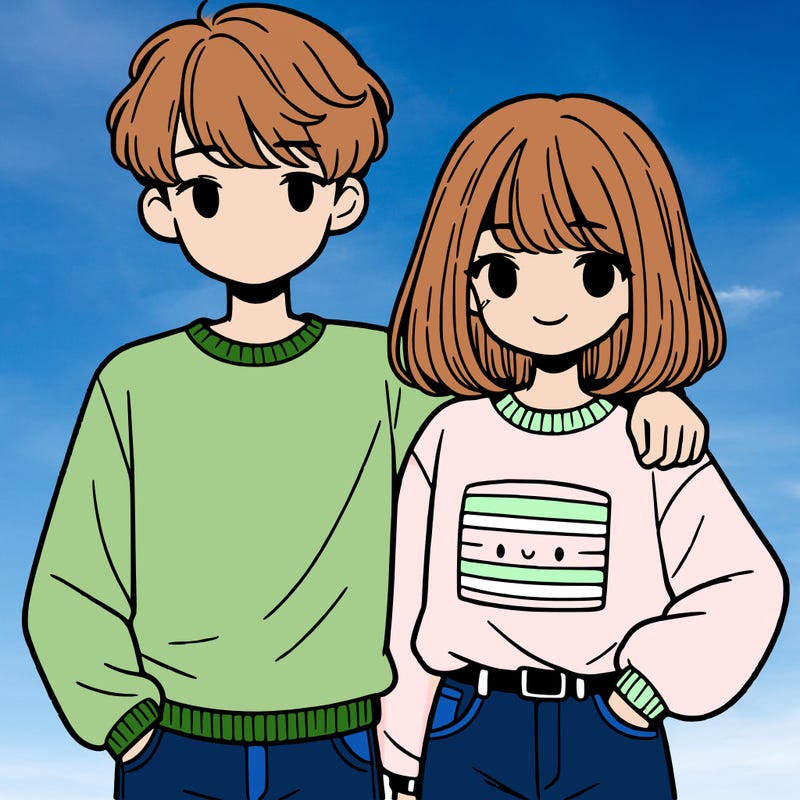 boy with short fluffy hair wearing a sweatshirt putting his arm around a girl with shoulder length straight hair wearing a sweater tucked into jeans