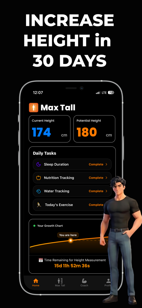 Max Taller: Height Predictor - Max Taller app interface showing current height vs potential height and daily habit tracking