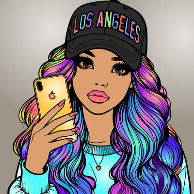 realistic beautiful girl wearing los ángeles cap holding an iphone