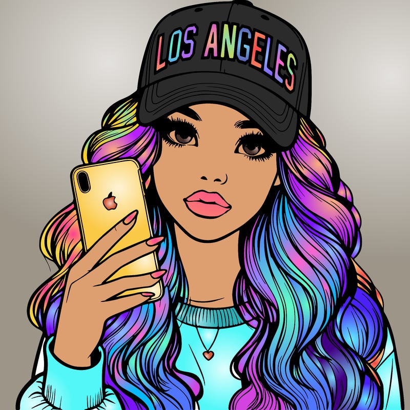 realistic beautiful girl wearing los ángeles cap holding an iphone