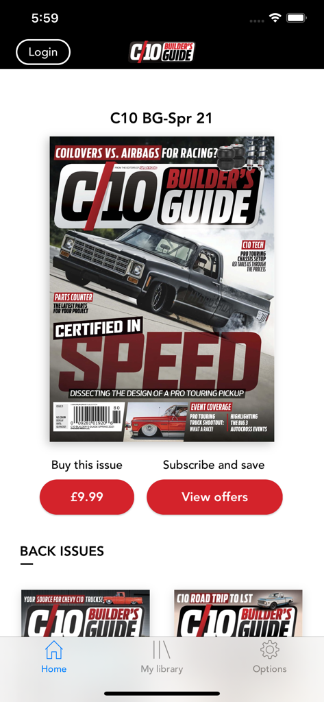 C10 Builder's Guide - Digital storefront of the C10 Builder's Guide app showing the Spring 2021 magazine issue cover with a custom black Chevy truck.