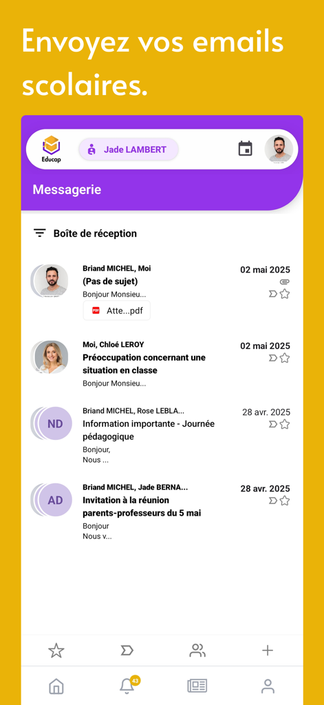 Educap - Mobile screen showing the Educap school messaging inbox with message threads from teachers and parents