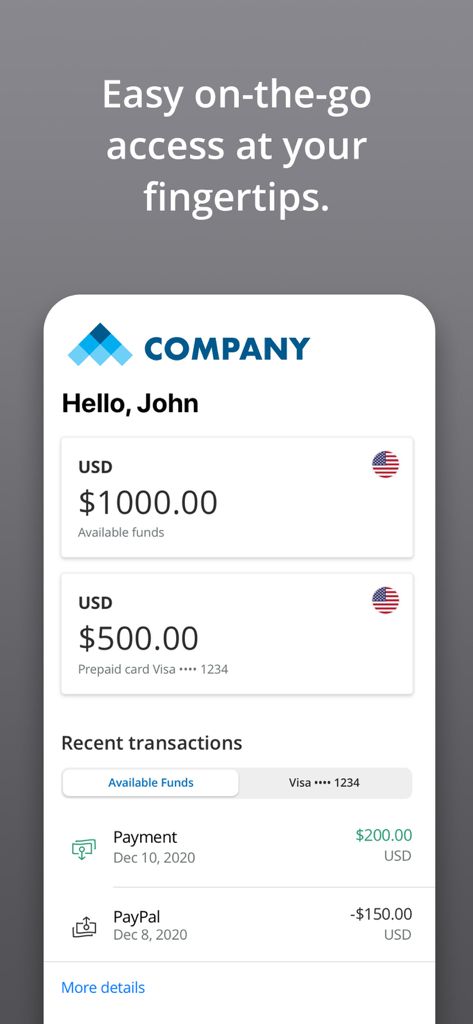Visão do painel do aplicativo móvel Payouts Hub mostrando saldos de conta em USD e uma lista de transações recentes