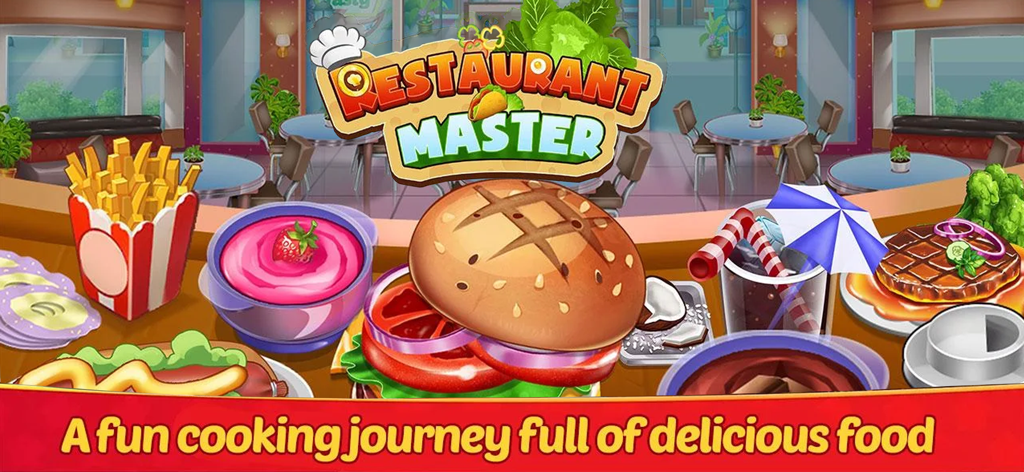 A colorful display of delicious food items like burgers and fries in the Kitchen Chef game.