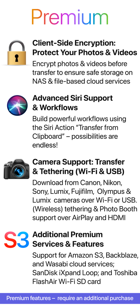 PhotoSync – transfer photos - A list of PhotoSync premium features including client side encryption Siri support and camera tethering