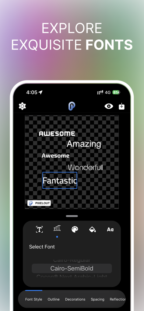 Pixelout app screenshot showing various font styles and a font selector menu for graphic design