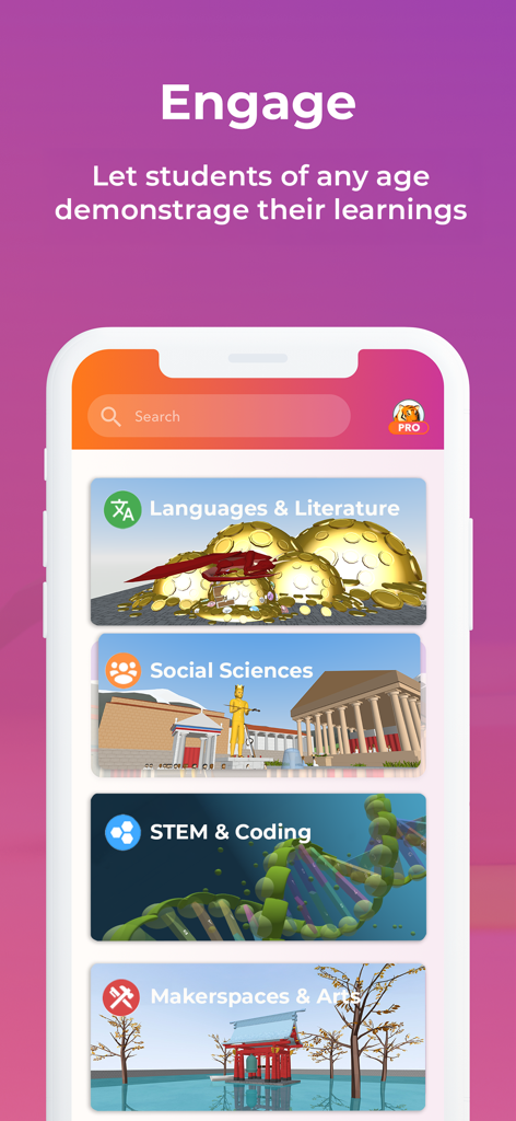 Delightex Edu - Delightex Edu app screen displaying educational subject categories for 3D creation including STEM and Social Sciences