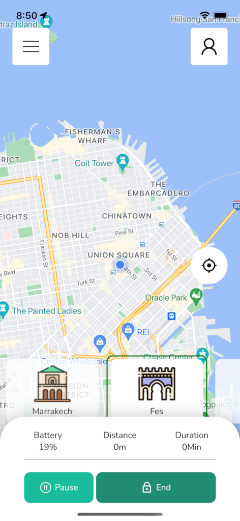 POGO sharing - POGO sharing app interface showing a ride in progress on a San Francisco map with battery status and pause buttons