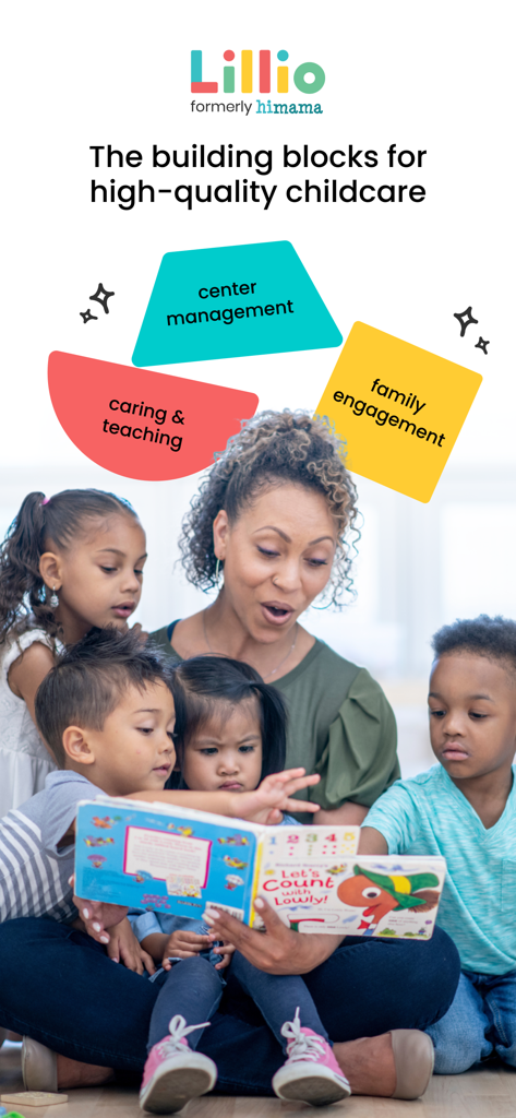 Lillio - A teacher reading to children with overlays highlighting Lillio app features like center management and family engagement