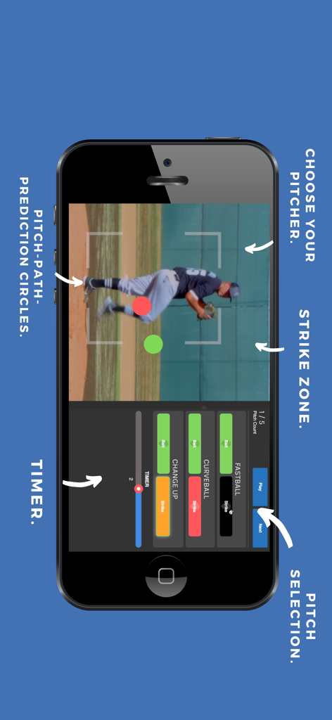 AppliedVisionBaseball mobile app interface showing pitch recognition training with pitch selection buttons and path prediction circles