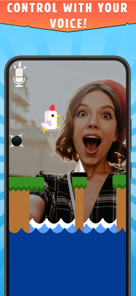Chicken Scream Challenge Go Up - A mobile screen showing a woman screaming to control a chicken character jumping over obstacles in Chicken Scream Challenge