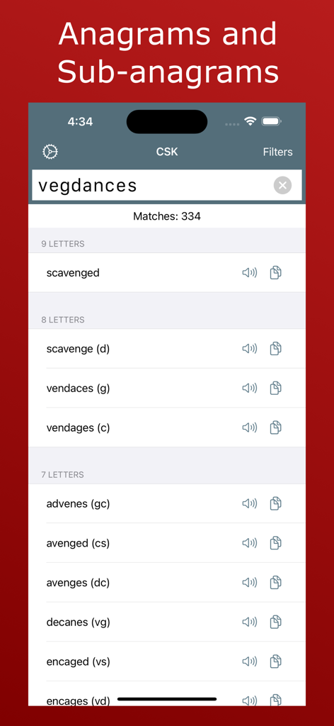 Crossword Solver King - Crossword Solver King app interface displaying anagram and sub-anagram search results for the letters vegdances