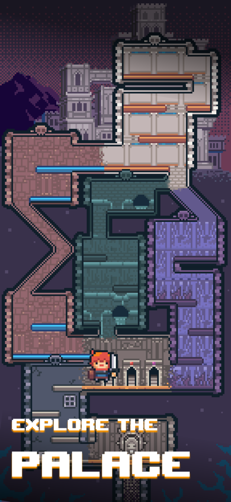 Guidus - A pixel art hero exploring a multi-level dungeon map in Guidus with the text Explore the Palace