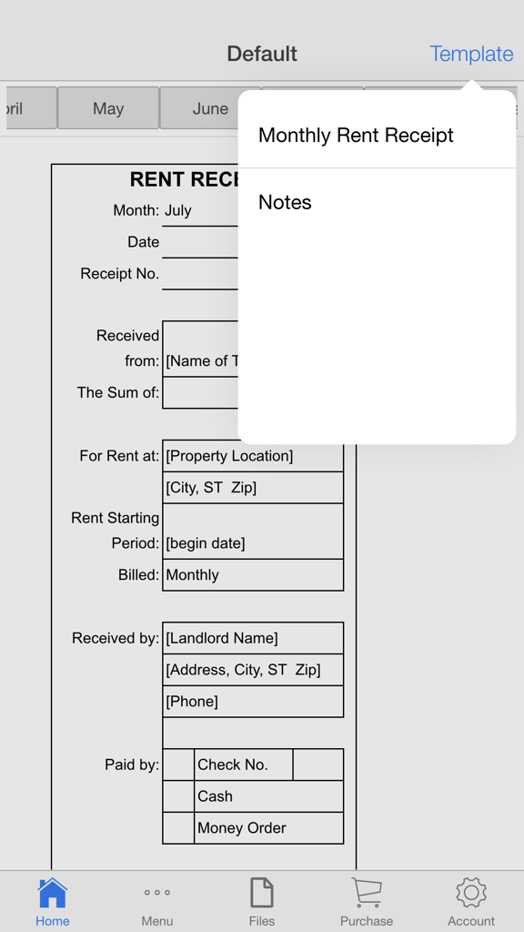 A digital rent receipt form within the Monthly Rent Receipt app showing fields for payment details and landlord information.