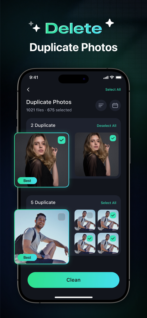 Space Cleaner app interface showing duplicate photo detection and deletion feature