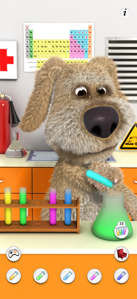 Talking Ben the Dog - Talking Ben le Chien mélangeant des éprouvettes colorées dans son laboratoire de chimie