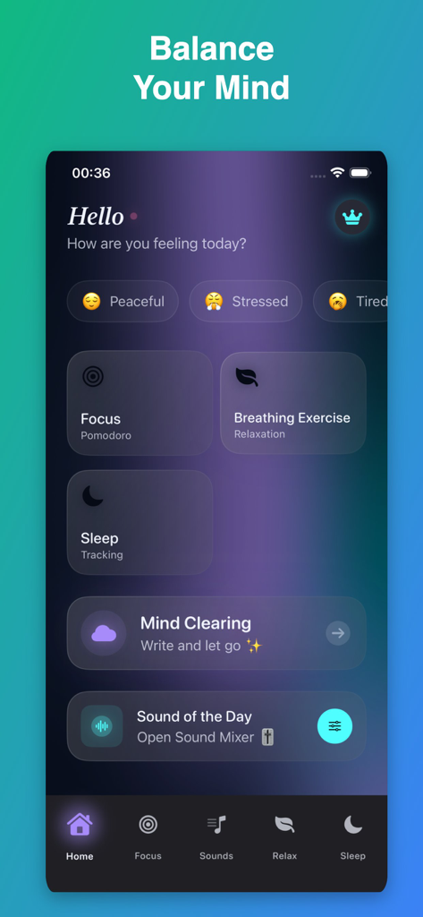Dainty: Meditation & Sleep - Panel de inicio de la aplicación Dainty que muestra seguimiento del estado de ánimo y herramientas de mindfulness minimalistas en una interfaz oscura