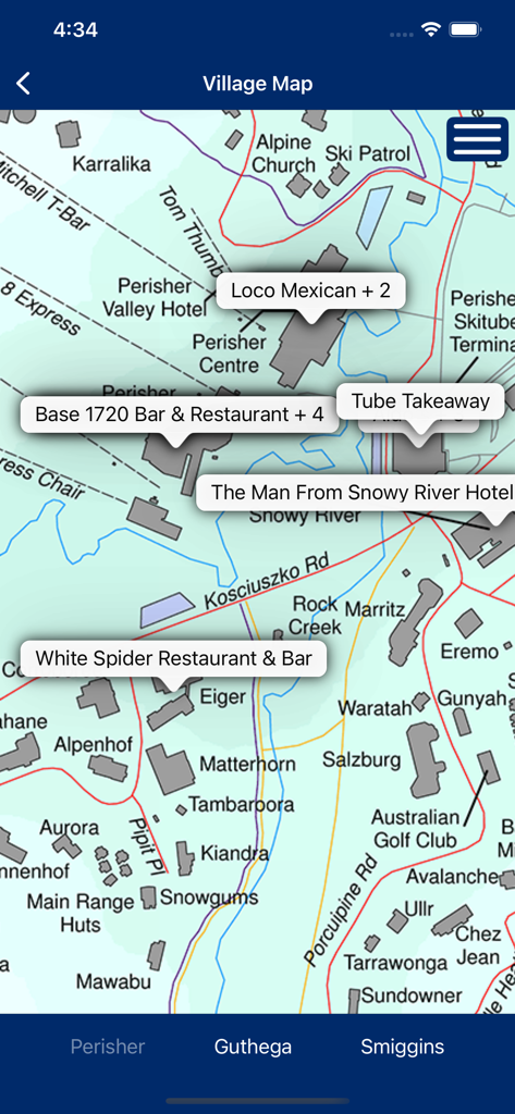 Perisher - Interface of the Perisher app village map showing locations of restaurants and hotels at the resort