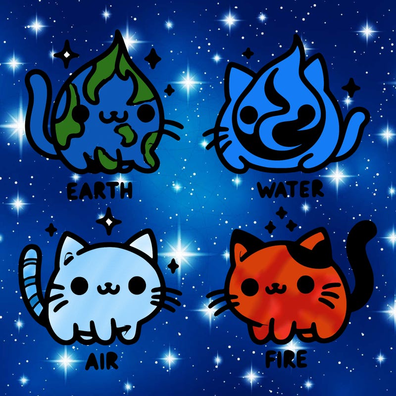 4 cats that represent the different elements, earth, water, air, and fire
