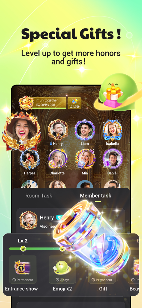 infun: Group Voice Chat Rooms - infunアプリの画面。グループボイスチャットの特別ギフトとレベルアップ報酬が表示されています。