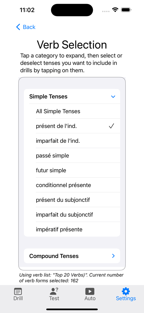 Verbes - French Verb Trainer - Un menu dans l'application Verbes permettant de sélectionner des temps verbaux français spécifiques pour s'entraîner.