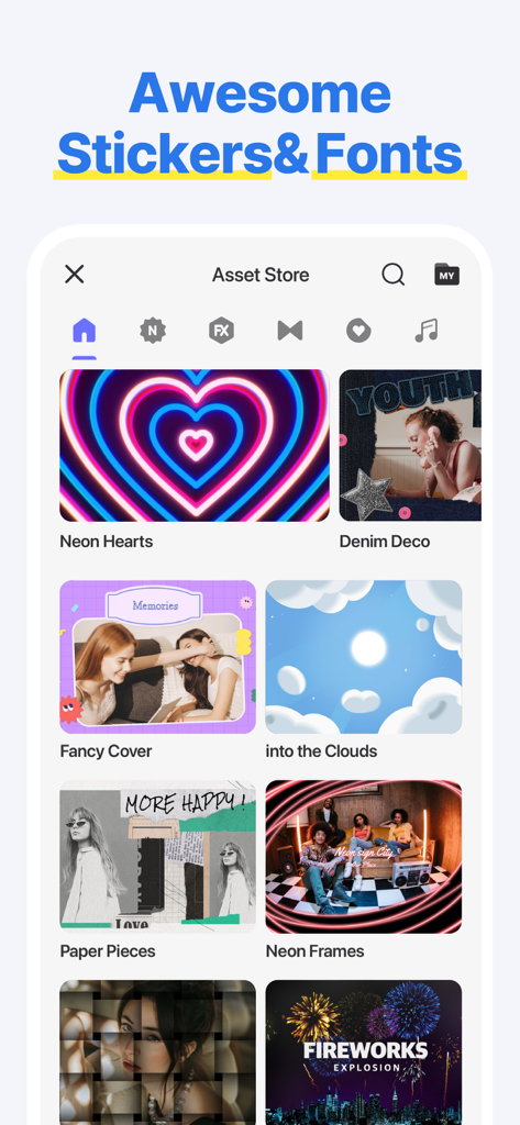 Interface de l'éditeur vidéo Spring montrant une collection d'autocollants créatifs et de packs de polices dans la boutique d'assets