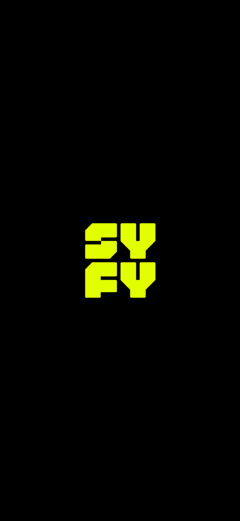 SYFY - Neon yellow SYFY logo centered on a solid black background.