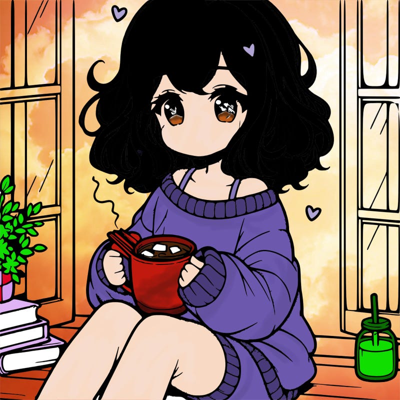 cute anime girl reading book and drinking hot chocolate from mug with loose wavy hair wearing a baggy sweatshirt and shorts sitting by windowsill looking out