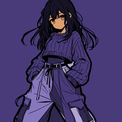 anime teen girl with baggy pants and crop top with sweater