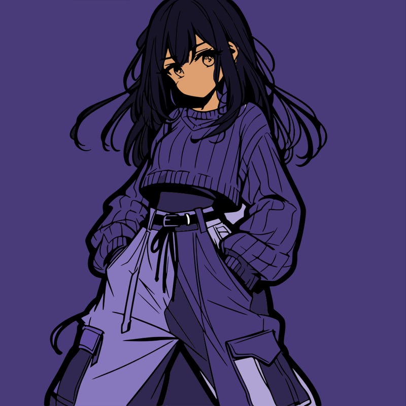 anime teen girl with baggy pants and crop top with sweater