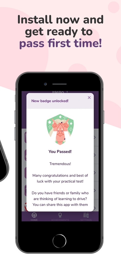 Driving Theory by James May - A smartphone screen showing a You Passed notification and a new badge unlocked message in the Driving Theory by James May app.