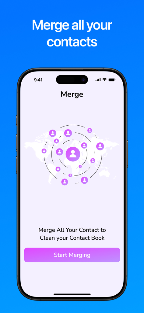 Contacts Backup and Transfer⁺ - Pantalla de smartphone mostrando la función de fusionar contactos para limpiar una agenda.