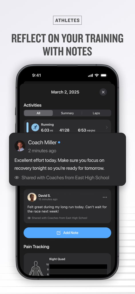 Interface do aplicativo móvel mostrando um loop de feedback entre um treinador e um atleta com notas de treinamento e conselhos de recuperação.