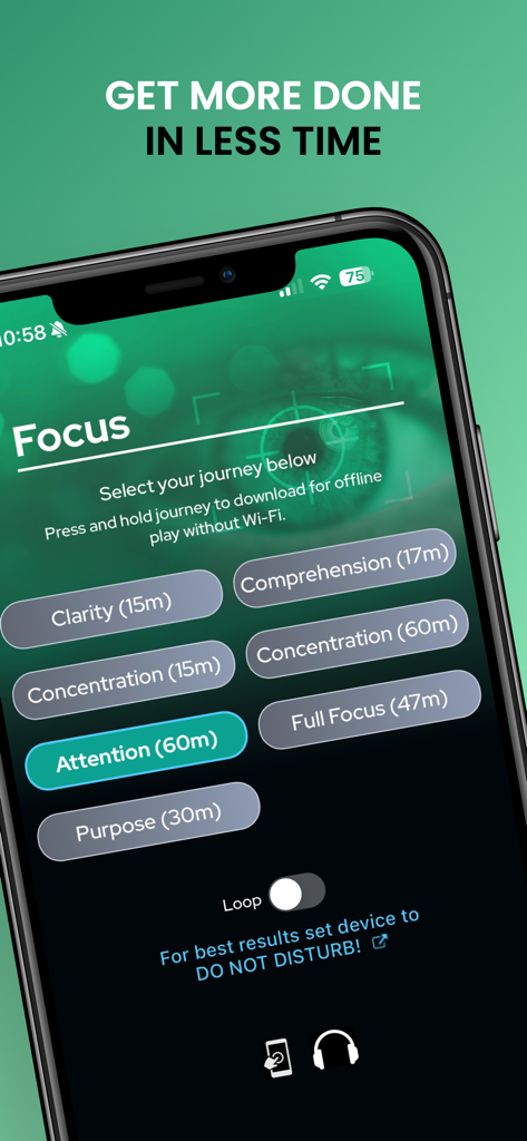 Pantalla de la aplicación NuCalm que muestra las opciones del viaje Focus como Atención y Concentración para aumentar la productividad.