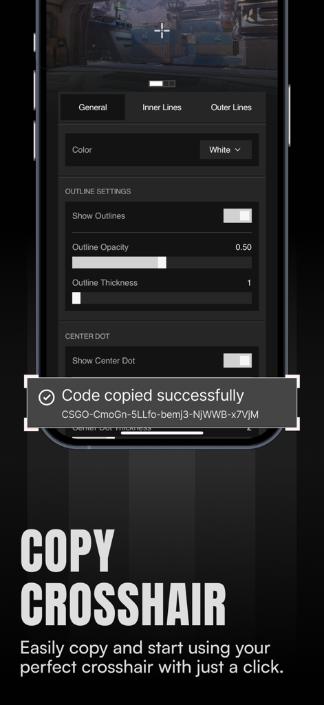 Crosshair X: Custom Aim v2 - Interfaz de Crosshair X que muestra la configuración de mira personalizada y una notificación de código copiado