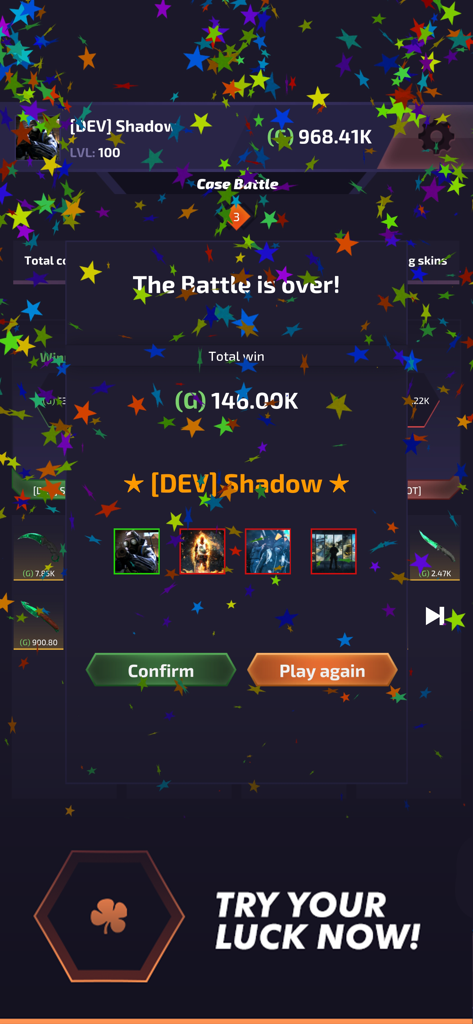 Case Battle - Skins Simulator - Case Battle victory screen showing a win of 146k and won skins with colorful confetti