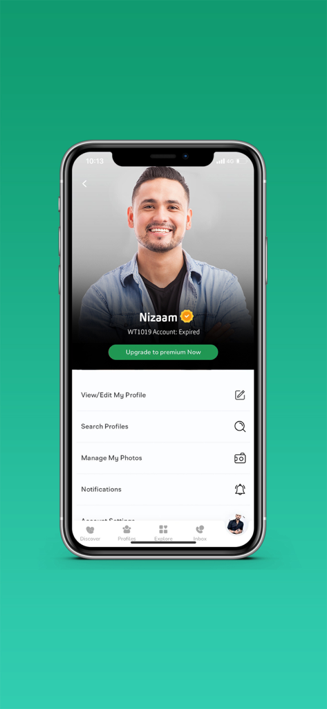 Way To Nikah: Muslim Matrimony - Interface of the Way To Nikah Muslim Matrimony app showing a user profile screen with options for profile editing and searching.