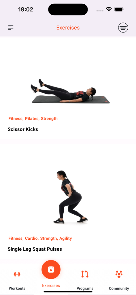 PopFit Max mobile app exercises screen featuring scissor kicks and single leg squat pulses