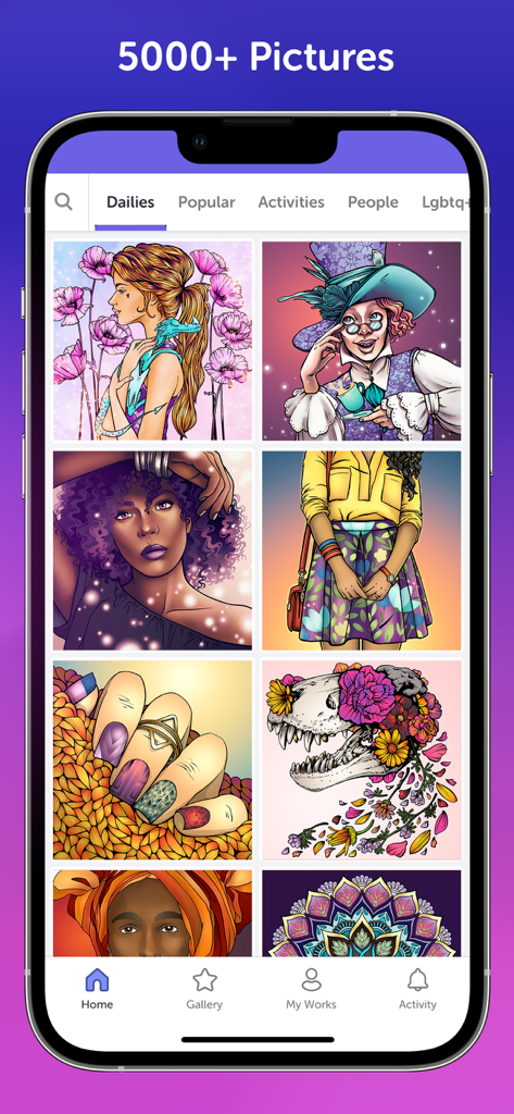 Recolor: Adult Coloring Book - The Recolor app gallery interface displaying a variety of coloring pages including portraits mandalas and nature scenes