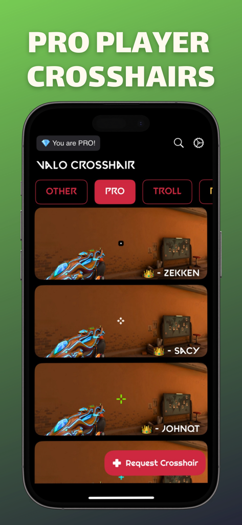 Valo Crosshair Pro - Interfaz de la aplicación Valo Crosshair Pro que muestra una selección de miras de jugadores profesionales.