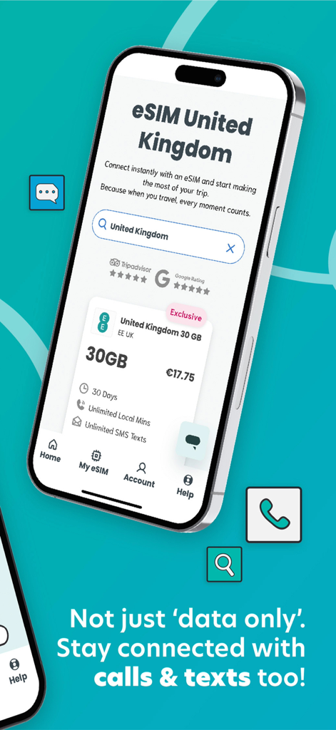 Interface do aplicativo Sim Local eSIM mostrando um plano de viagem de 30GB para o Reino Unido com chamadas e textos.