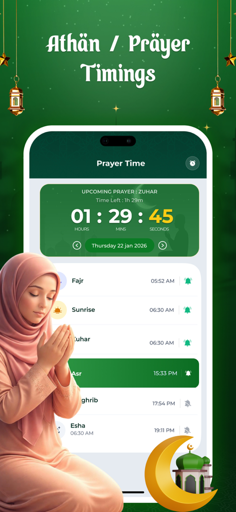 Ramadan Calendar 2026: Athan - Ramadan Calendar 2026 app interface showing prayer times and a countdown for the next prayer with a woman in a hijab praying.