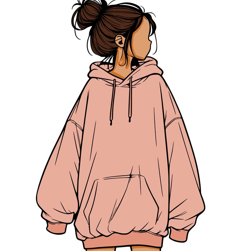 realistic girl with a oversized sweatshirt on and a bun