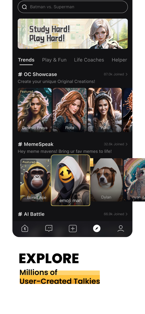 The explore page of Talkie app displaying diverse user-created AI characters and categories