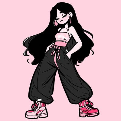 girl in baggy pants crop top and long hair